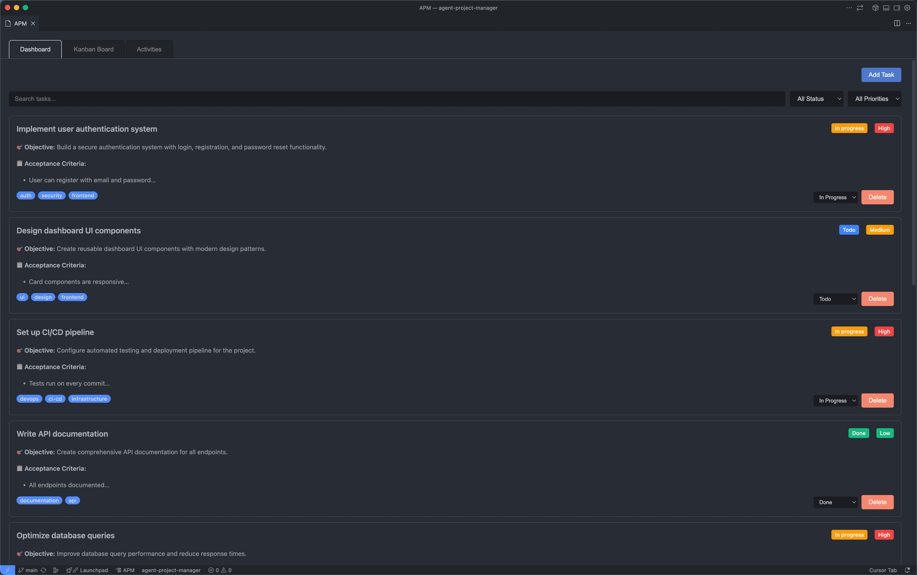 APM Dashboard - Task list with objectives, acceptance criteria, and status tracking