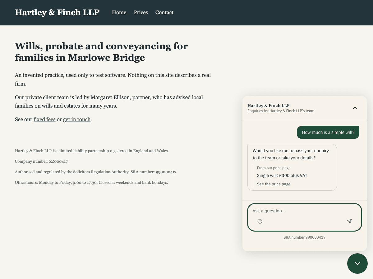 Frontbell's enquiry desk on the website of Hartley & Finch LLP, a demo law firm